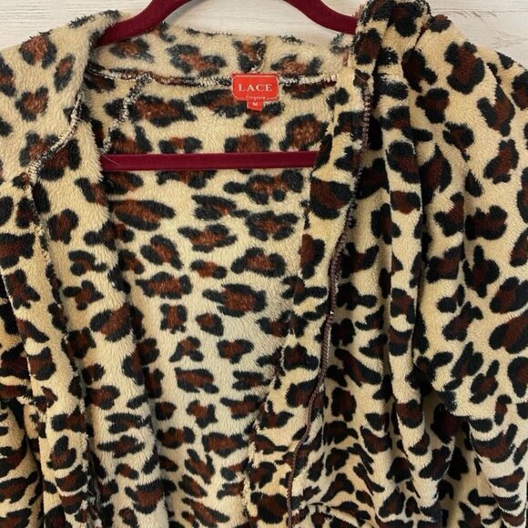 LACE Leopard Print Plush PJ Jacket Brown Soft Hoodie Women's Size M Pocket EUC - Picture 7 of 7